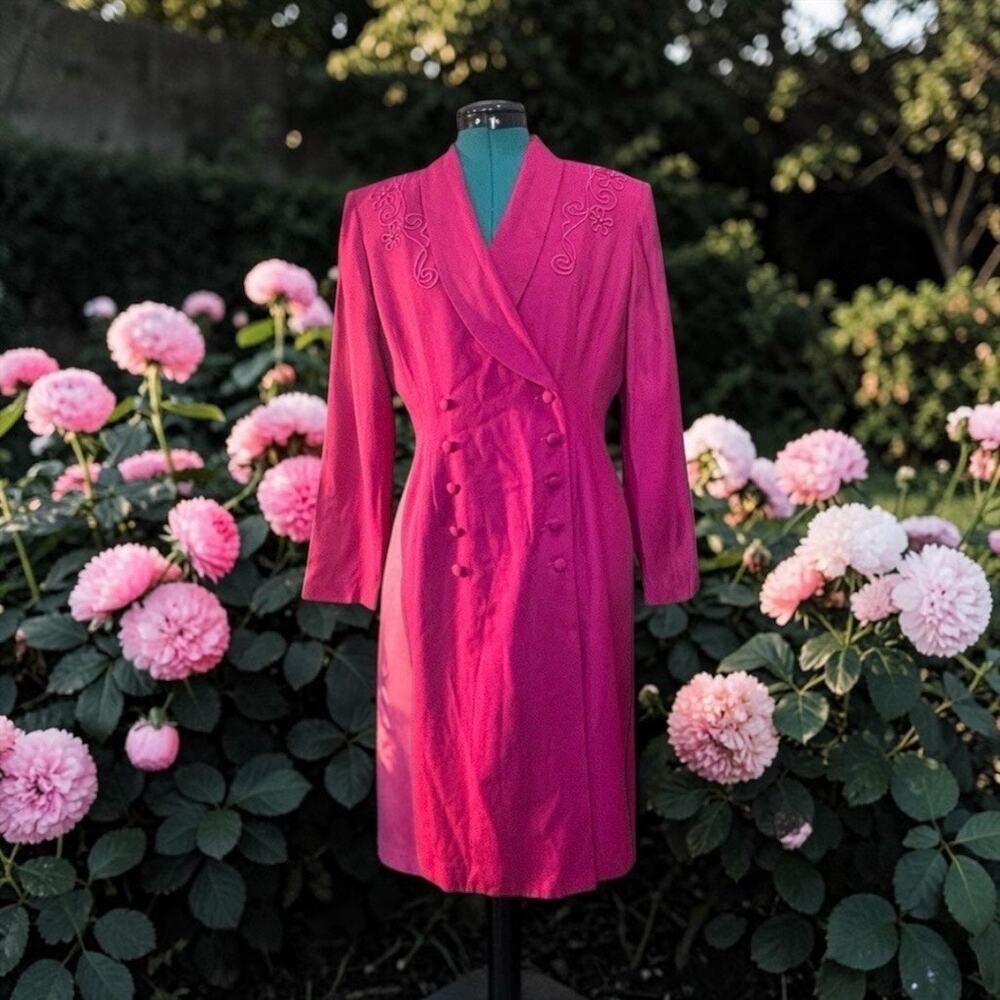 Vintage Studio Petite Fuchsia Dress Coat 10P Rayon USA 80s Embroidered Power